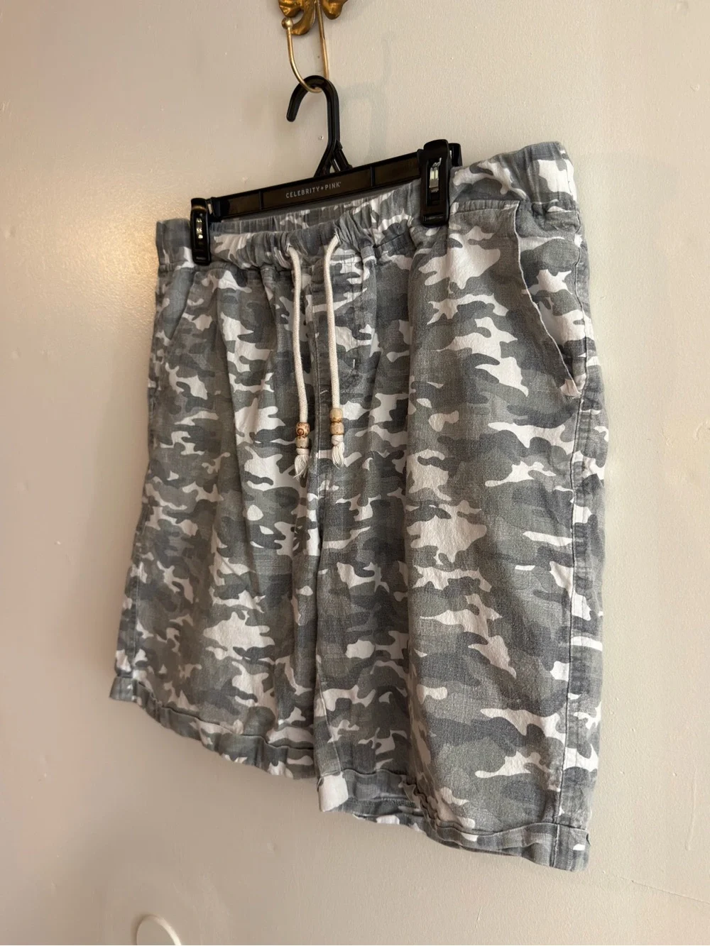 Unisex Gray Camo Canvas Drawstring Shorts